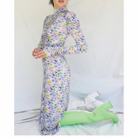 TANYA TAYLOR Zoe Dress Multicolor Ruched Slinky Silk Jersey in Blue Haze Print M - Picture 12 of 14